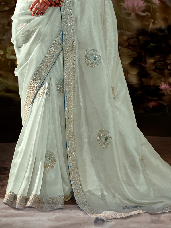 Mint Green Embroidered Designer Organza Silk Saree With Contrast Blouse