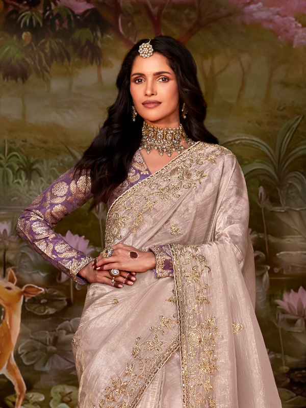 Champagne Beige Embroidered Designer Organza Silk Saree With Contrast Blouse