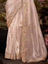 Champagne Beige Embroidered Designer Organza Silk Saree With Contrast Blouse