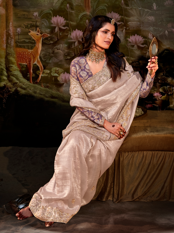 Champagne Beige Embroidered Designer Organza Silk Saree With Contrast Blouse