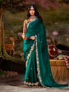 Bottle Green Embroidered Designer Organza Silk Saree With Contrast Blouse