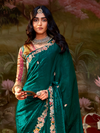 Bottle Green Embroidered Designer Organza Silk Saree With Contrast Blouse