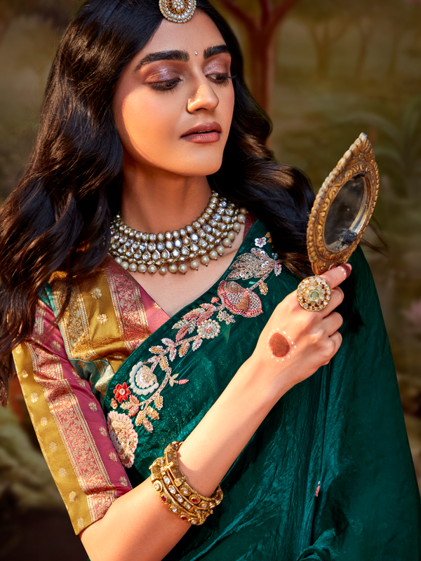 Bottle Green Embroidered Designer Organza Silk Saree With Contrast Blouse