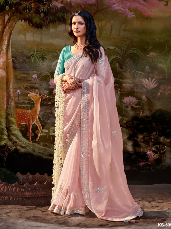 Blush Pink Embroidered Designer Organza Silk Saree With Contrast Blouse