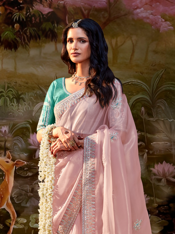 Blush Pink Embroidered Designer Organza Silk Saree With Contrast Blouse
