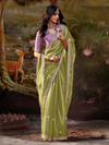 Olive Green Embroidered Designer Organza Silk Saree With Contrast Blouse