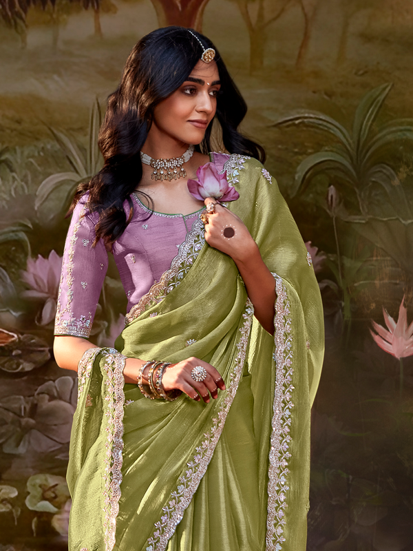 Olive Green Embroidered Designer Organza Silk Saree With Contrast Blouse