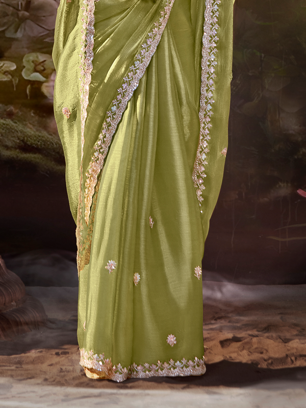 Olive Green Embroidered Designer Organza Silk Saree With Contrast Blouse