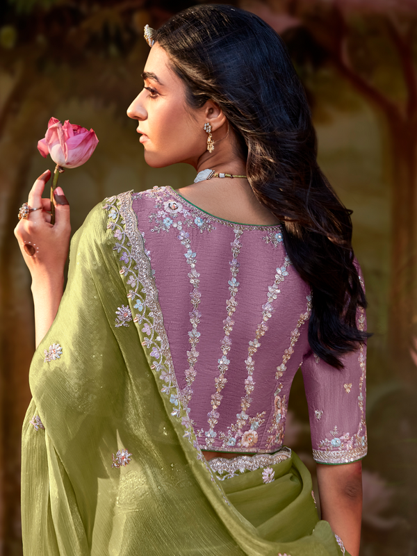 Olive Green Embroidered Designer Organza Silk Saree With Contrast Blouse
