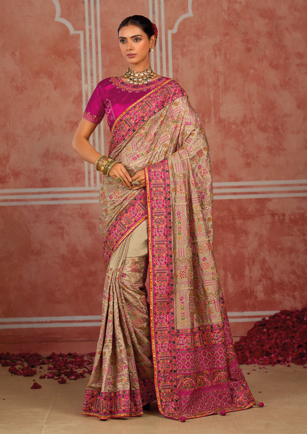 Chiku Beige Embroidered Designer Satin Silk Saree