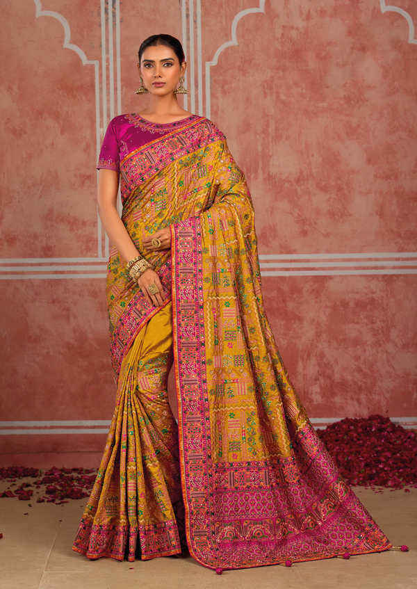 Mustard Yellow Embroidered Designer Satin Silk Saree