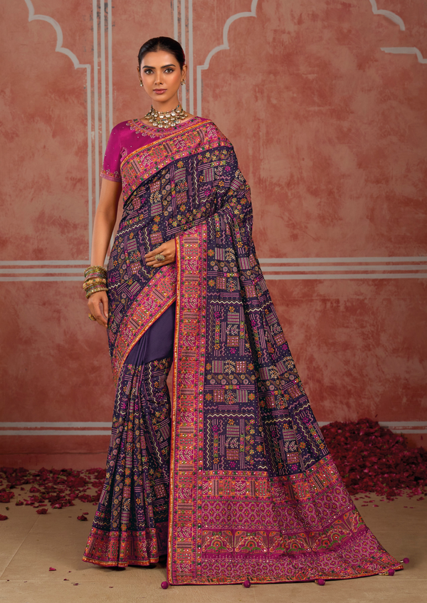 Violet Purple Embroidered Designer Satin Silk Saree