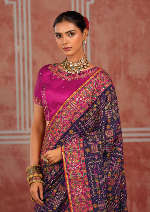 Violet Purple Embroidered Designer Satin Silk Saree