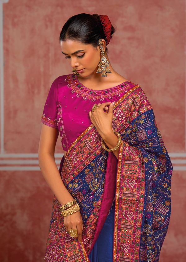 Royal Blue Embroidered Designer Satin Silk Saree