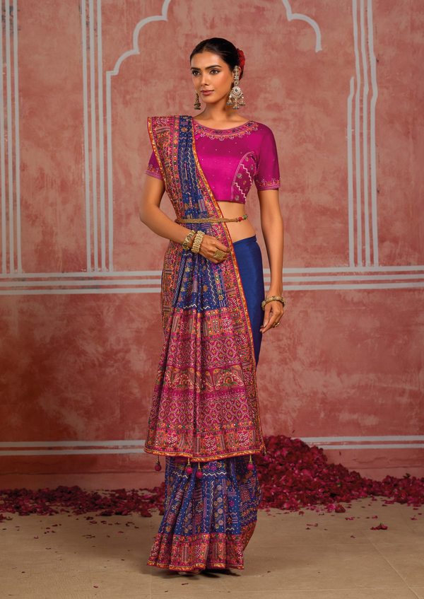 Royal Blue Embroidered Designer Satin Silk Saree