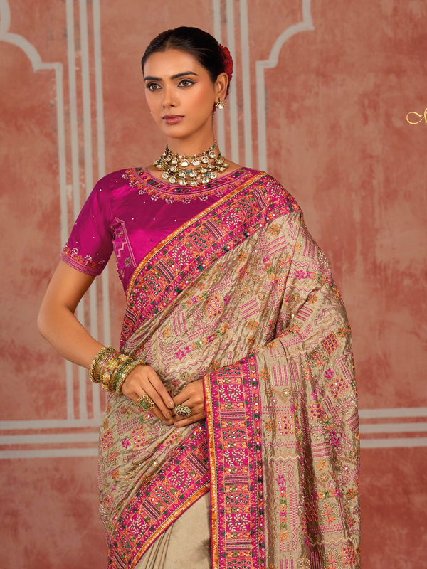 Chiku Beige Embroidered Designer Satin Silk Saree