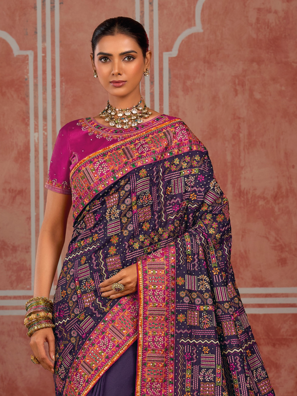 Violet Purple Embroidered Designer Satin Silk Saree