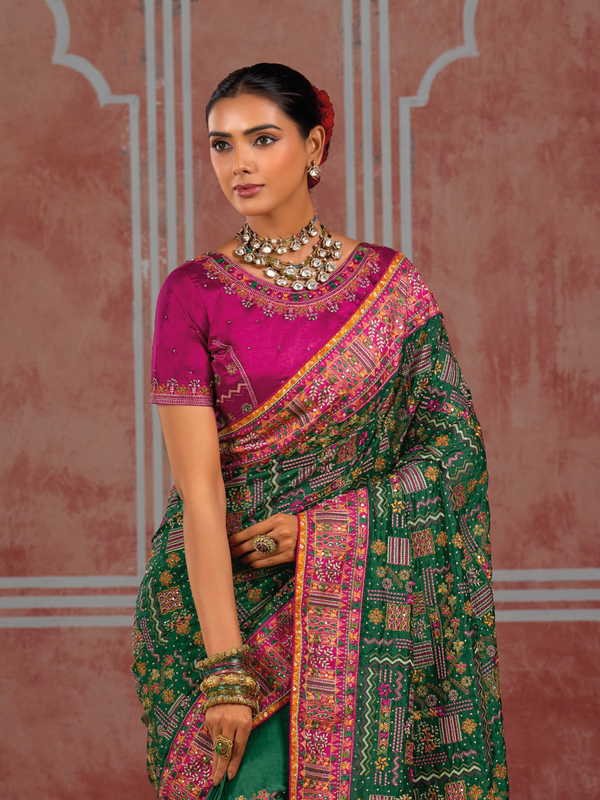 Bottle Green Embroidered Designer Satin Silk Saree