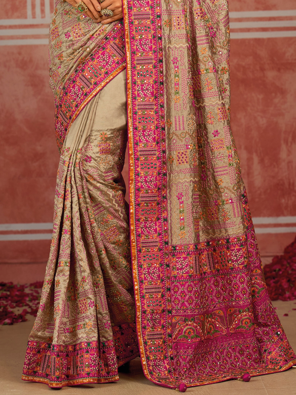 Chiku Beige Embroidered Designer Satin Silk Saree