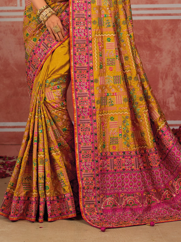 Mustard Yellow Embroidered Designer Satin Silk Saree