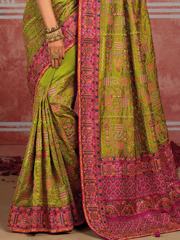 Parrot Green Embroidered Designer Satin Silk Saree