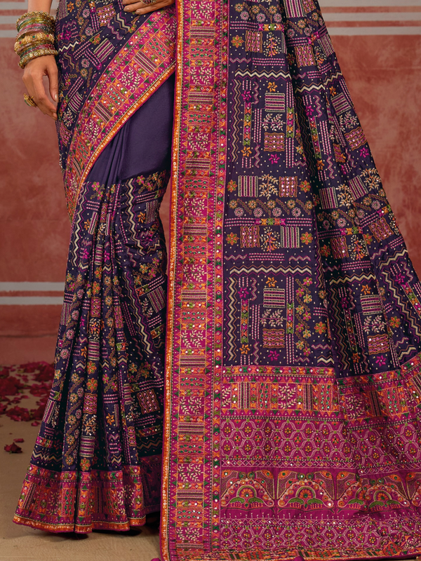 Violet Purple Embroidered Designer Satin Silk Saree