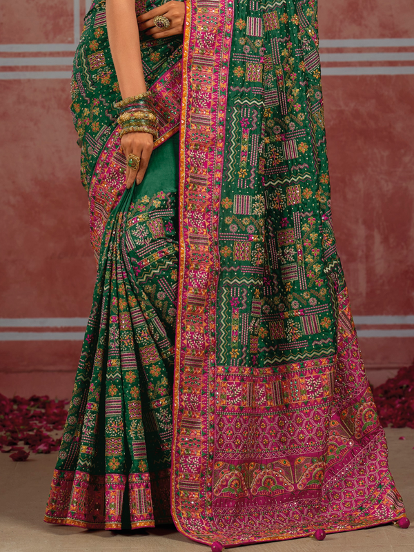 Bottle Green Embroidered Designer Satin Silk Saree