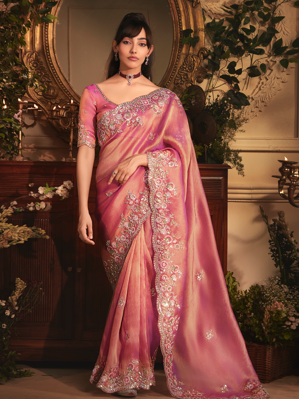 Rose Pink Tissue Organza Saree
