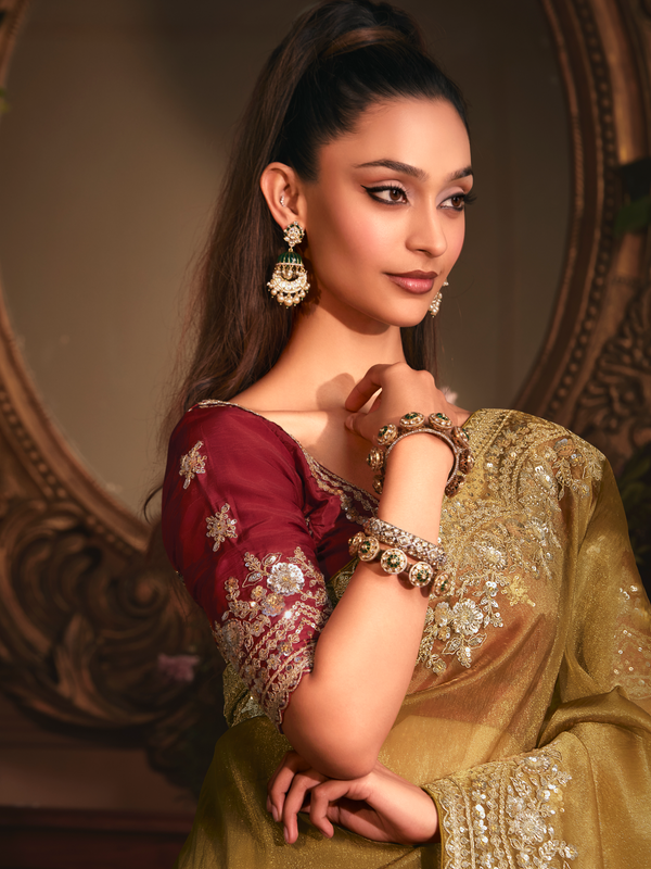 Olive Green Tissue Silk Saree