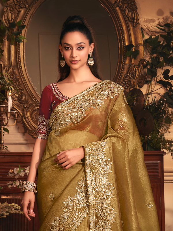 Olive Green Tissue Silk Saree