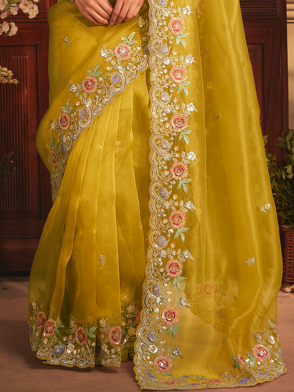 Yellow Organza Silk Saree
