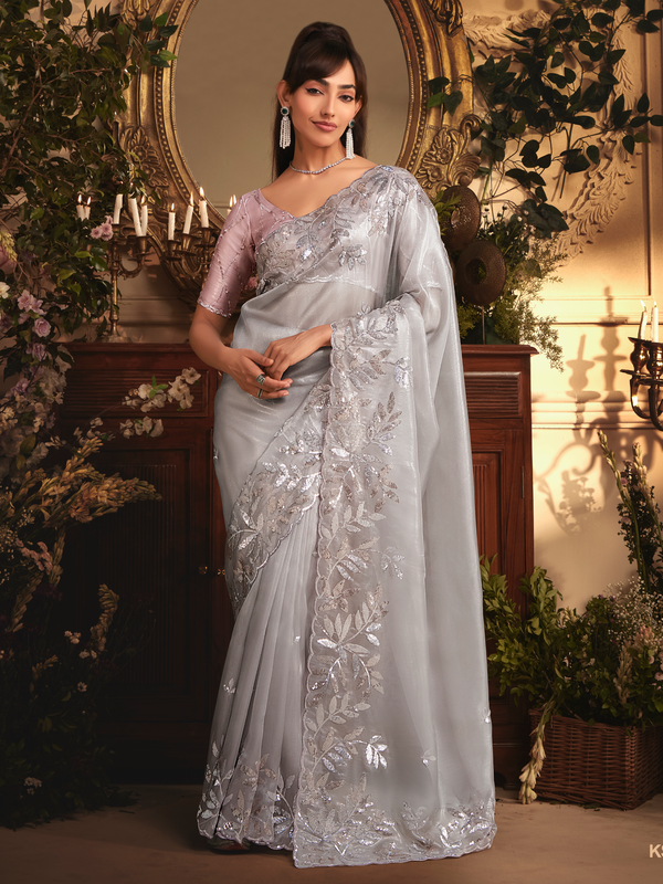 Grey Organza Silk Saree