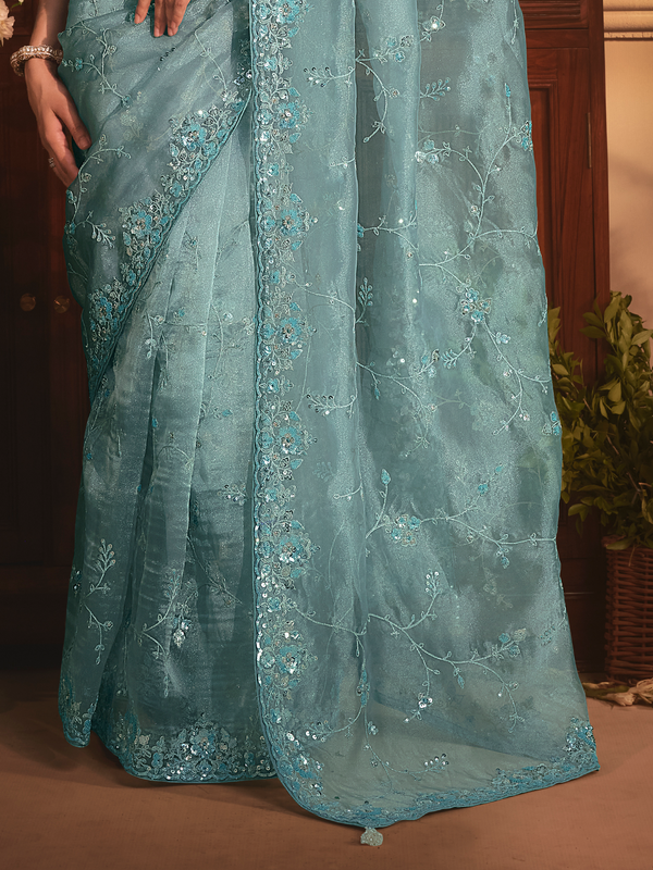 Teal Organza Silk Saree