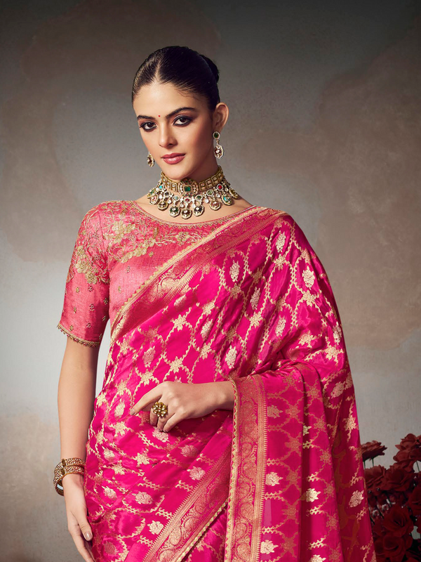 Rani Pink Banarasi Satin Silk Saree