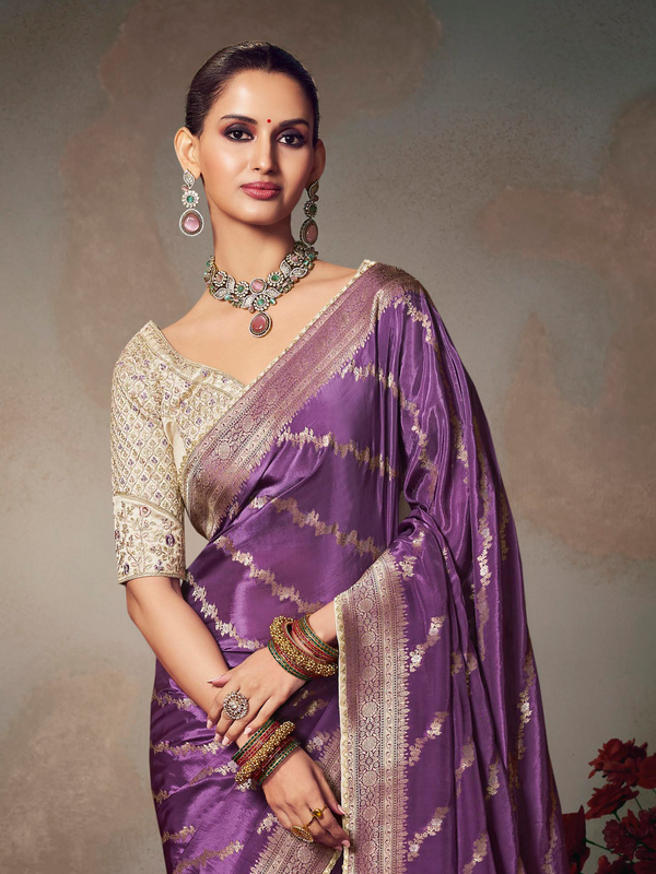 Violet Purple Banarasi Satin Silk Saree