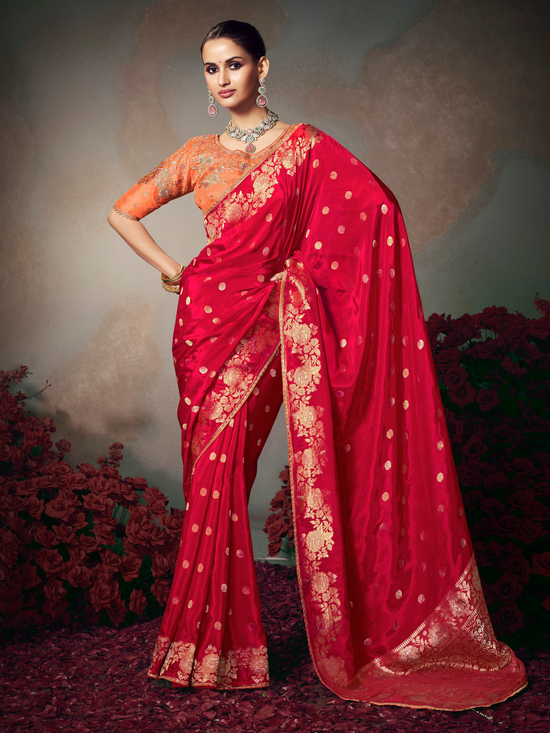Crimson Red Banarasi Satin Silk Saree