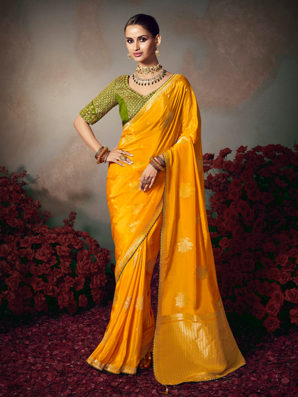 Golden Yellow Banarasi Satin Silk Saree