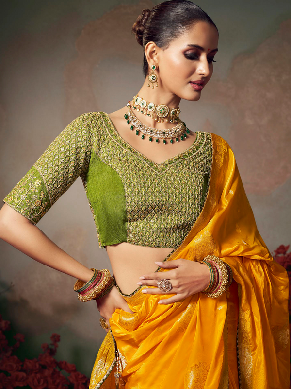 Golden Yellow Banarasi Satin Silk Saree