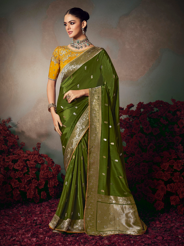 Mehendi Green Banarasi Satin Silk Saree