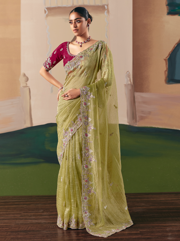Lime Green Organza Silk Saree