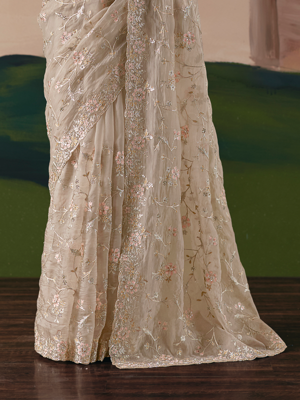 Champagne Organza Silk Saree