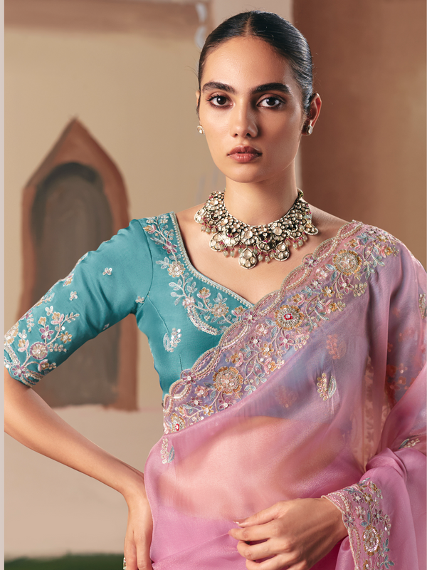 Rose Pink Organza Silk Saree
