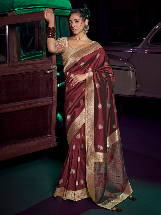 Maroon Banarasi Satin Silk Saree With Contrast Blouse