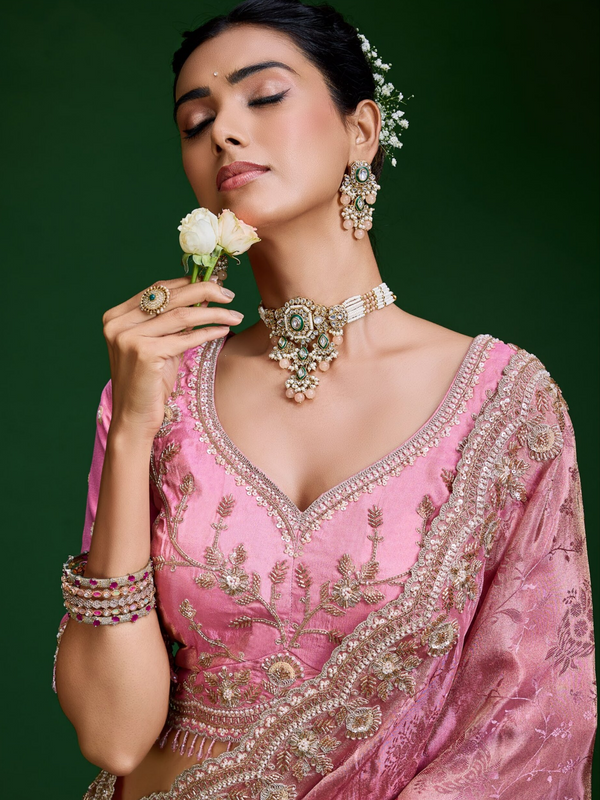 Baby Pink Banarasi Tissue Silk Saree