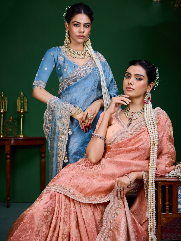 Peach Pink Banarasi Tissue Silk Saree
