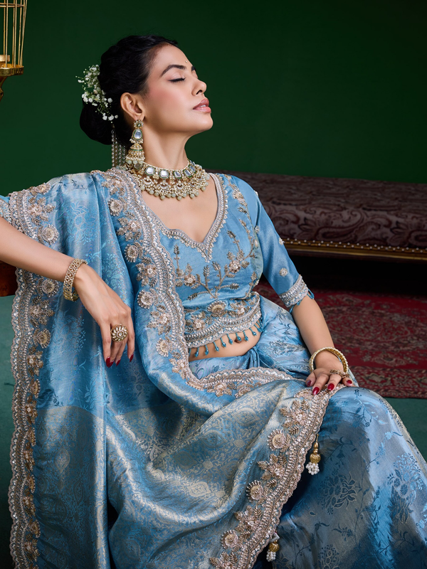 Sky Blue Banarasi Tissue Silk Saree