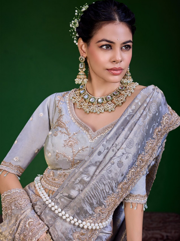 Lavender Grey Banarasi Tissue Silk Saree