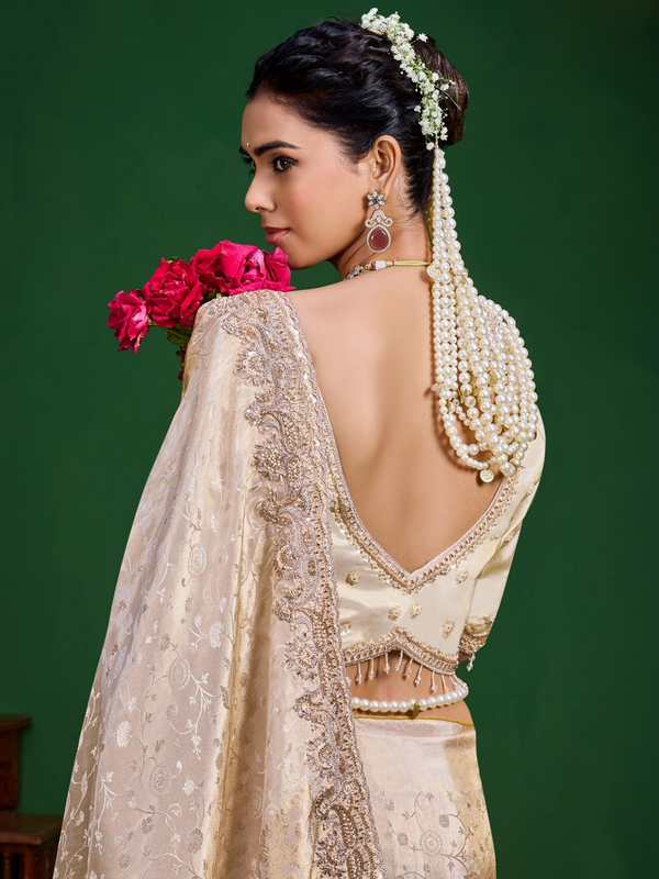Cream Banarasi Tissue Silk Saree