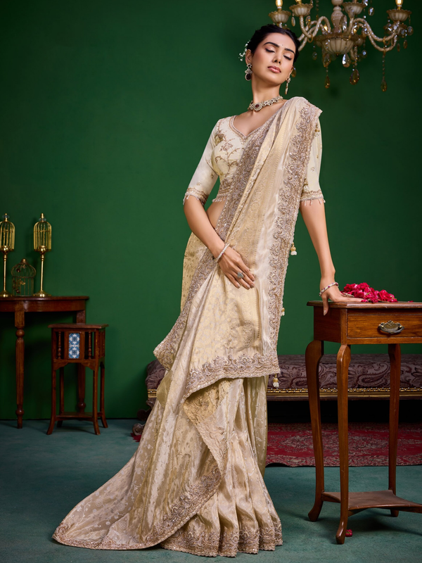 Cream Banarasi Tissue Silk Saree