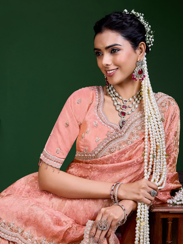 Peach Pink Banarasi Tissue Silk Saree
